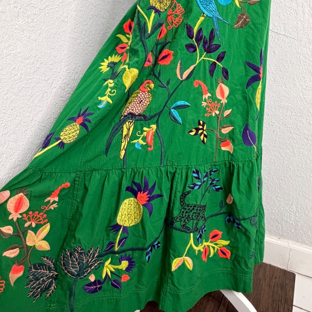 Anthropologie Green Embroidered Tropical Maxi Dress Parrot Leopard ALTERED - Picture 4 of 11